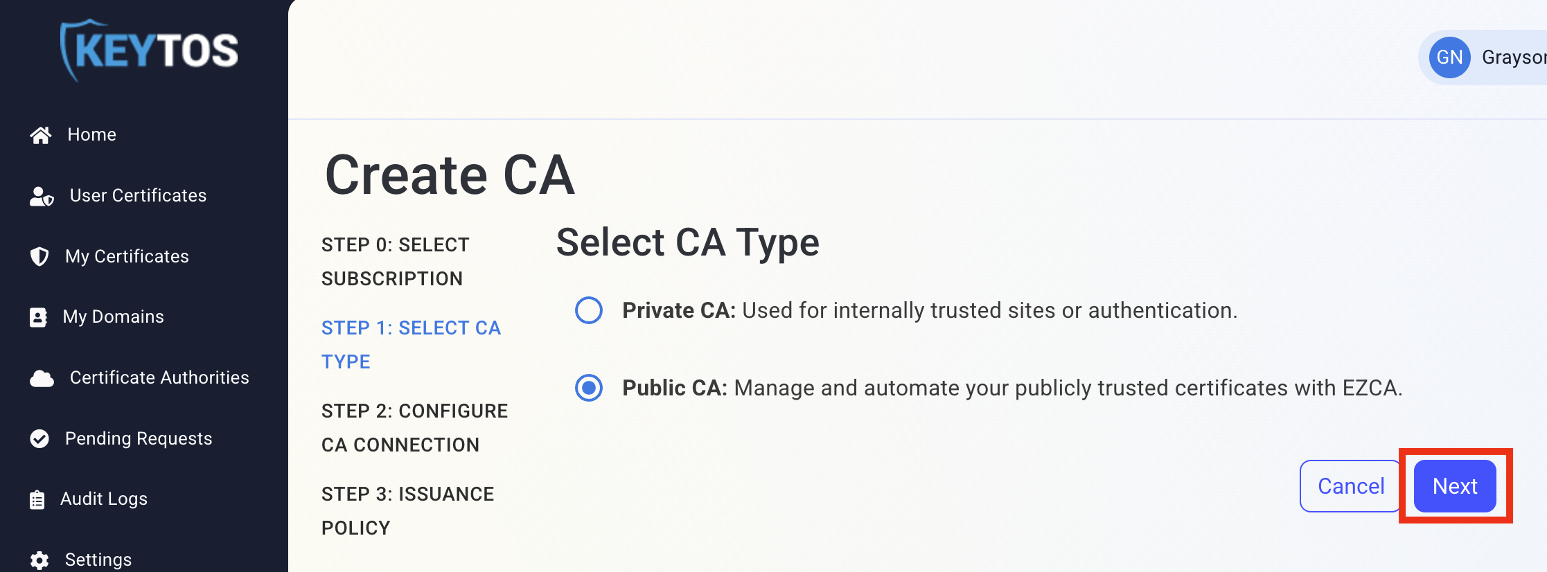 EZCA Cloud PKI Create CA type selection with Public CA option highlighted.