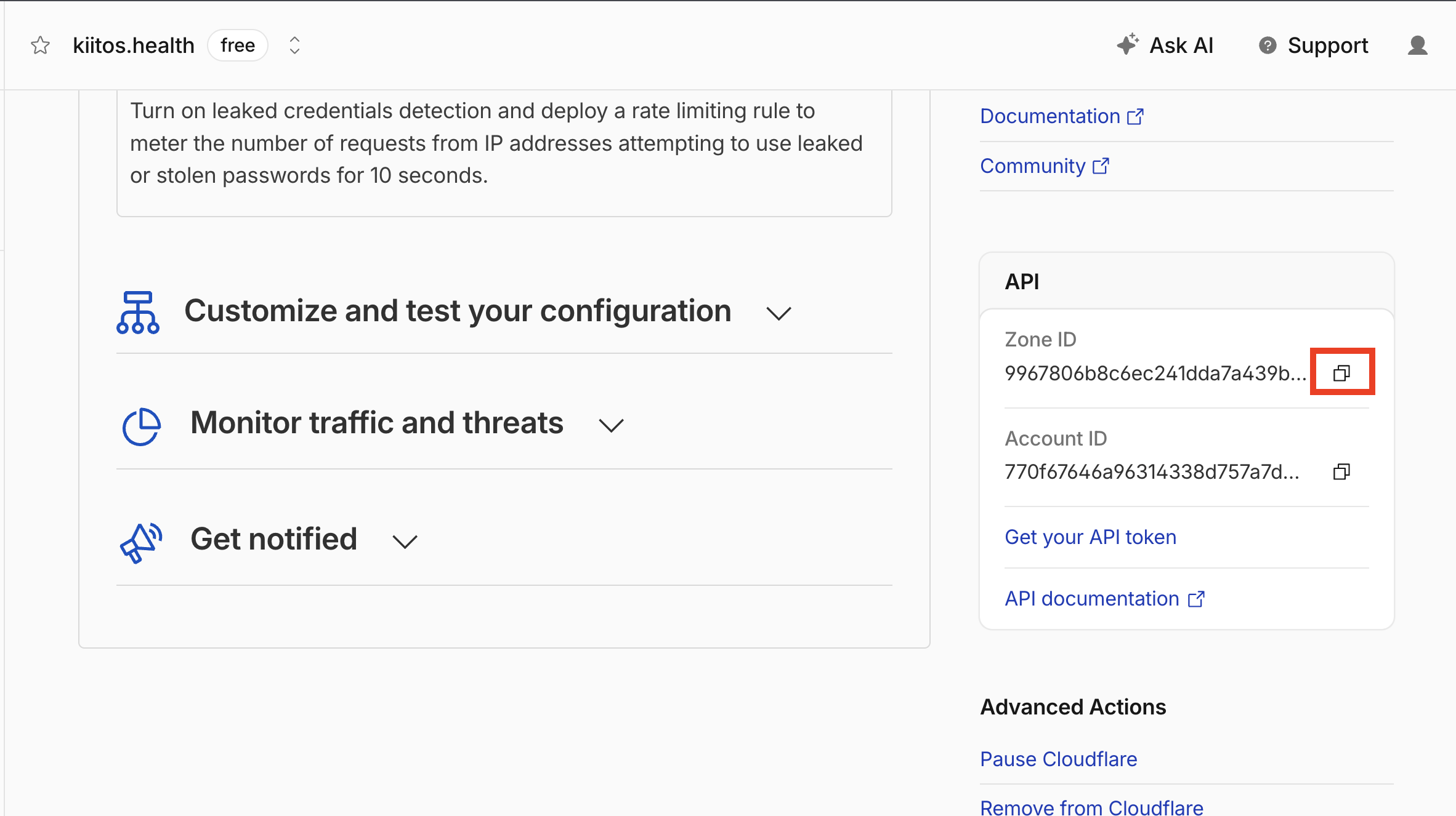Cloudflare API Section Copy Zone ID