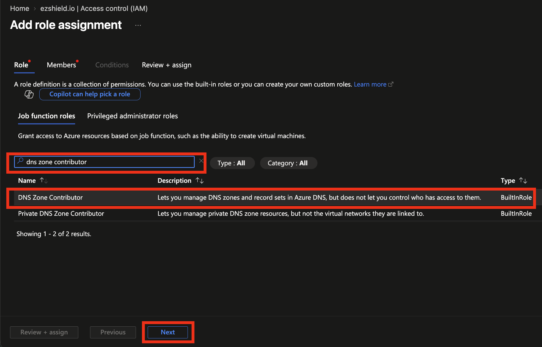 Azure IAM Select DNS Zone Contributor