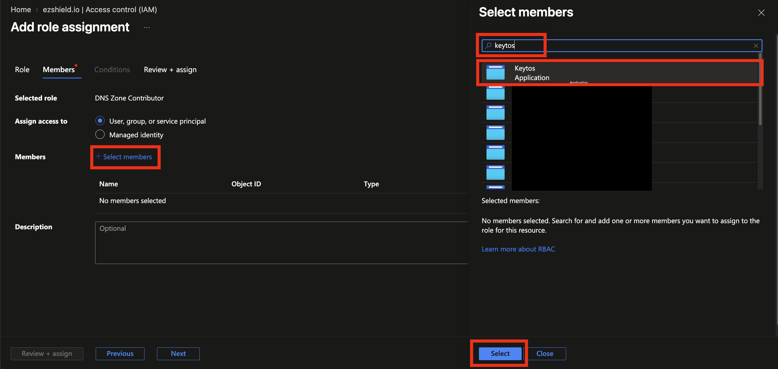 Azure IAM Select Keytos Application