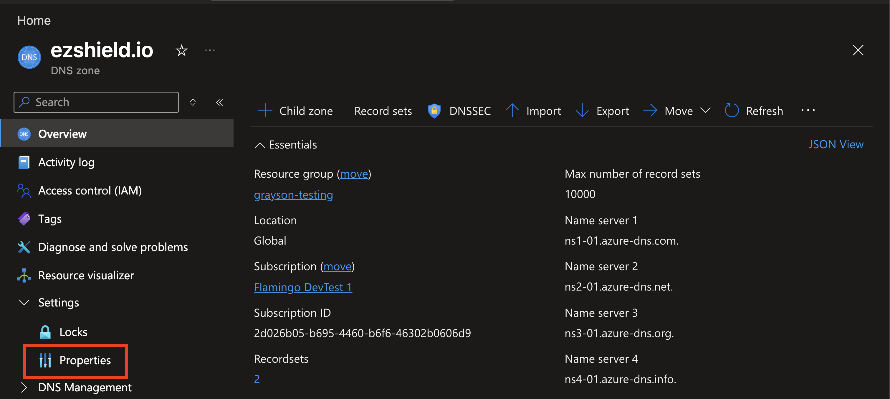 Azure Select DNS Zone properties