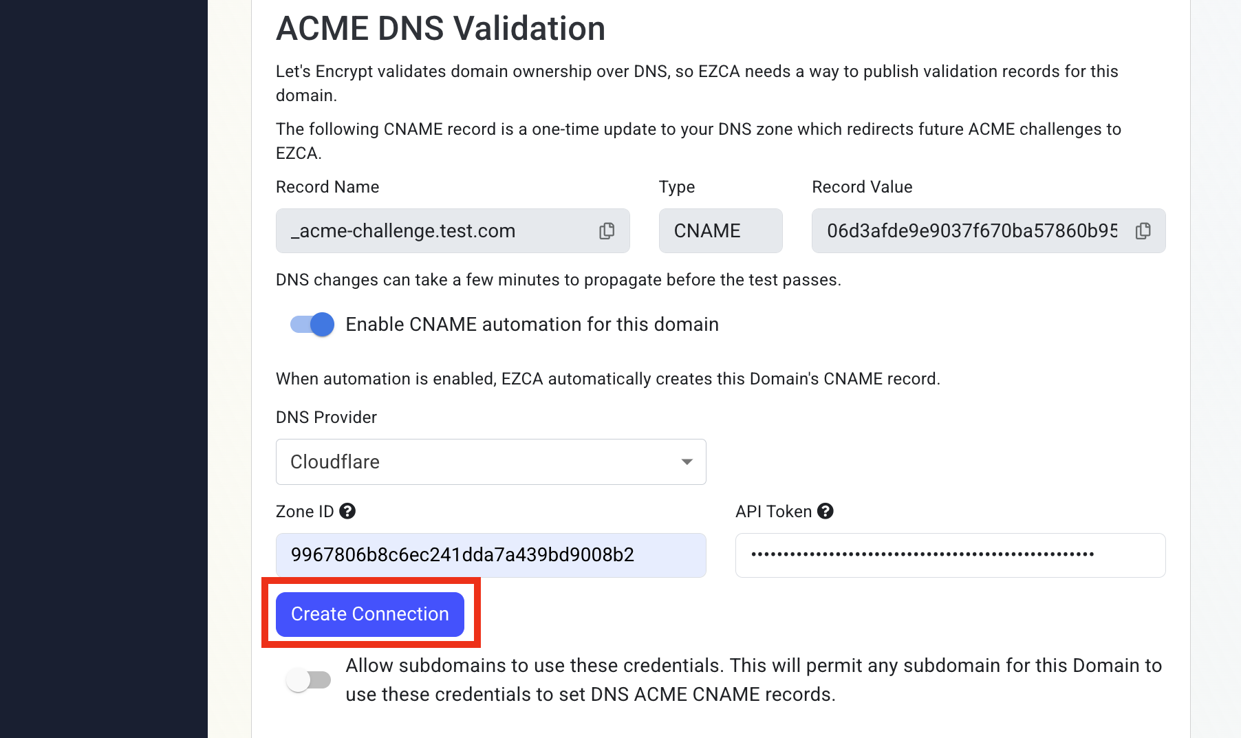 EZCA Cloudflare Paste Token and Create Connection