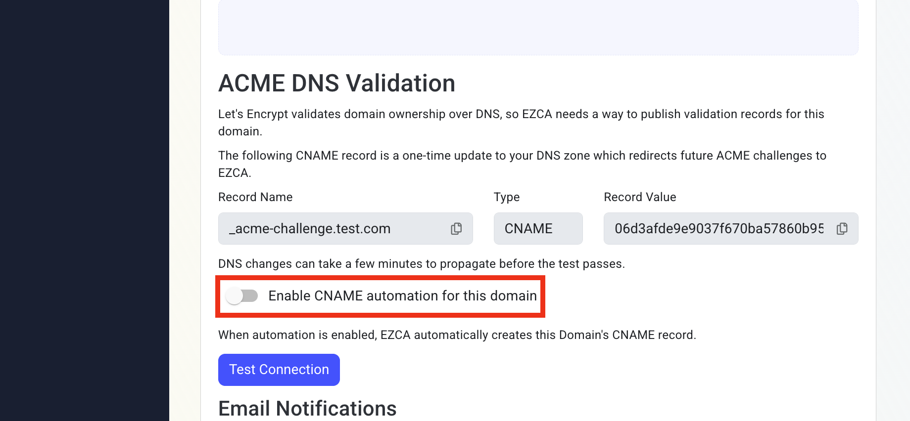 EZCA Toggle 'Enable CNAME automation for this domain'.