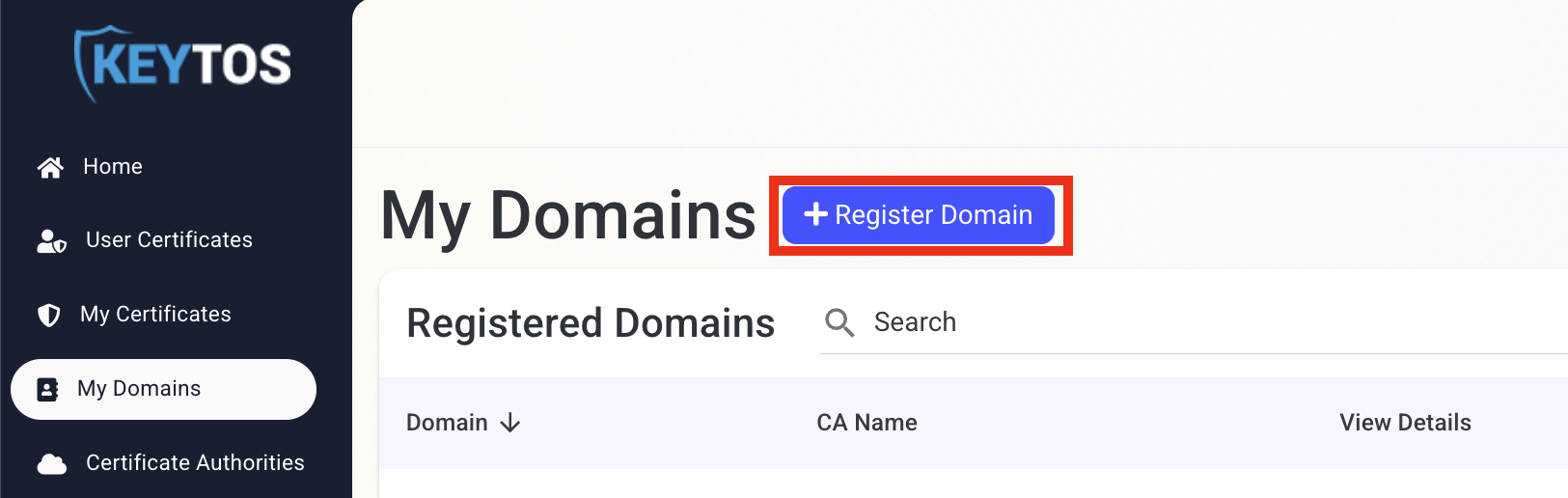 EZCA Cloud PKI My Domains page with Register Domain button highlighted in the top right.