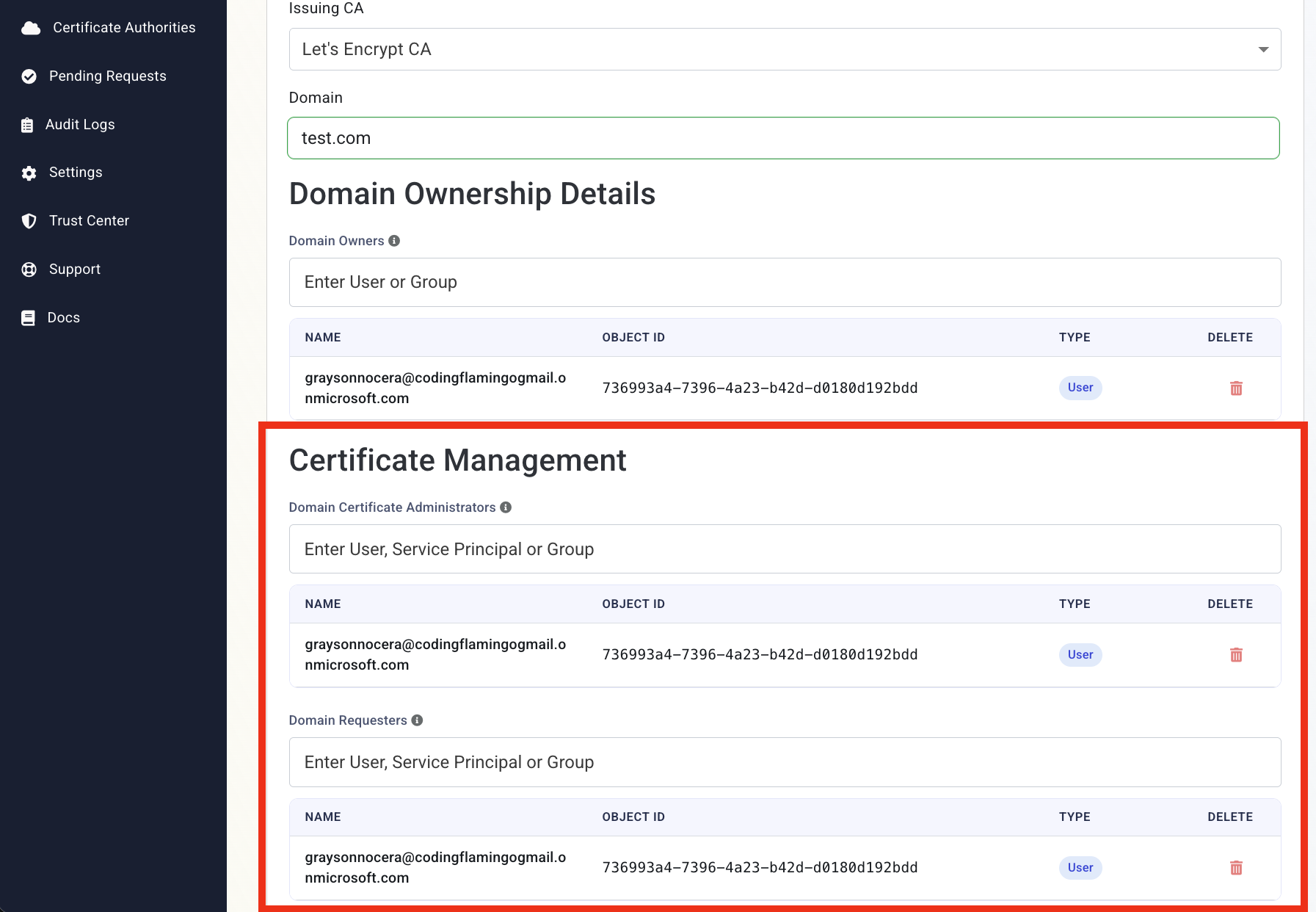 EZCA Cloud PKI Register New Domain form with Certificate Management list showing added users and service principals.