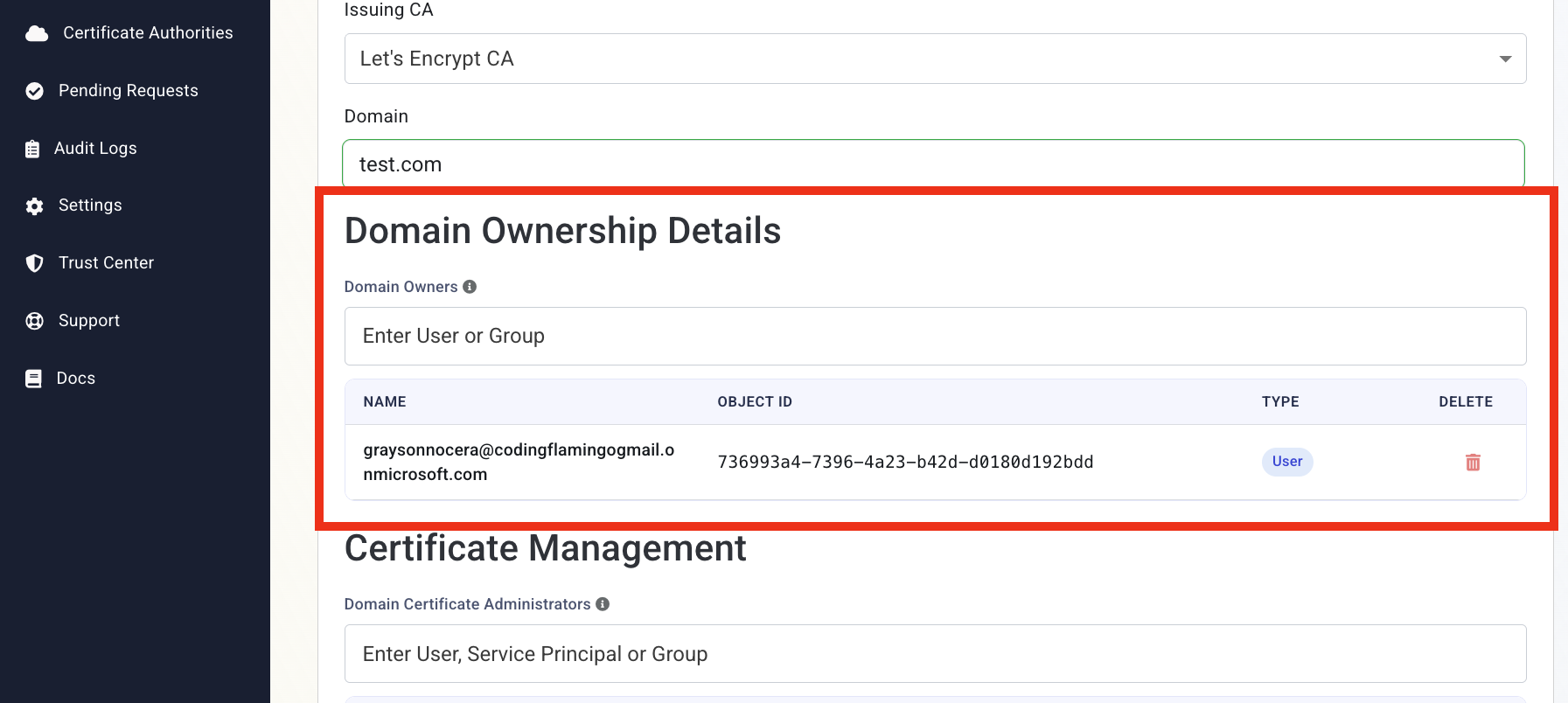 EZCA Cloud PKI Register New Domain form with Domain Owners list showing added users and groups.