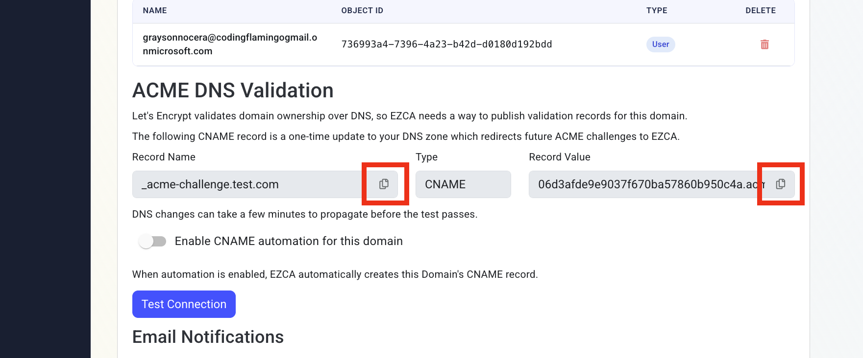 EZCA Cloud PKI Register New Domain form with ACME DNS Validation showing.