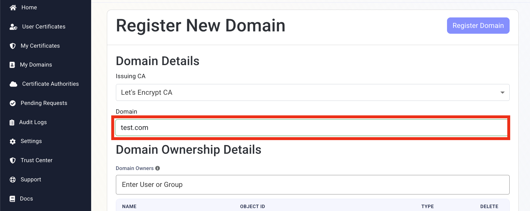 EZCA Cloud PKI Register New Domain form with Domain name field highlighted for entering the domain.