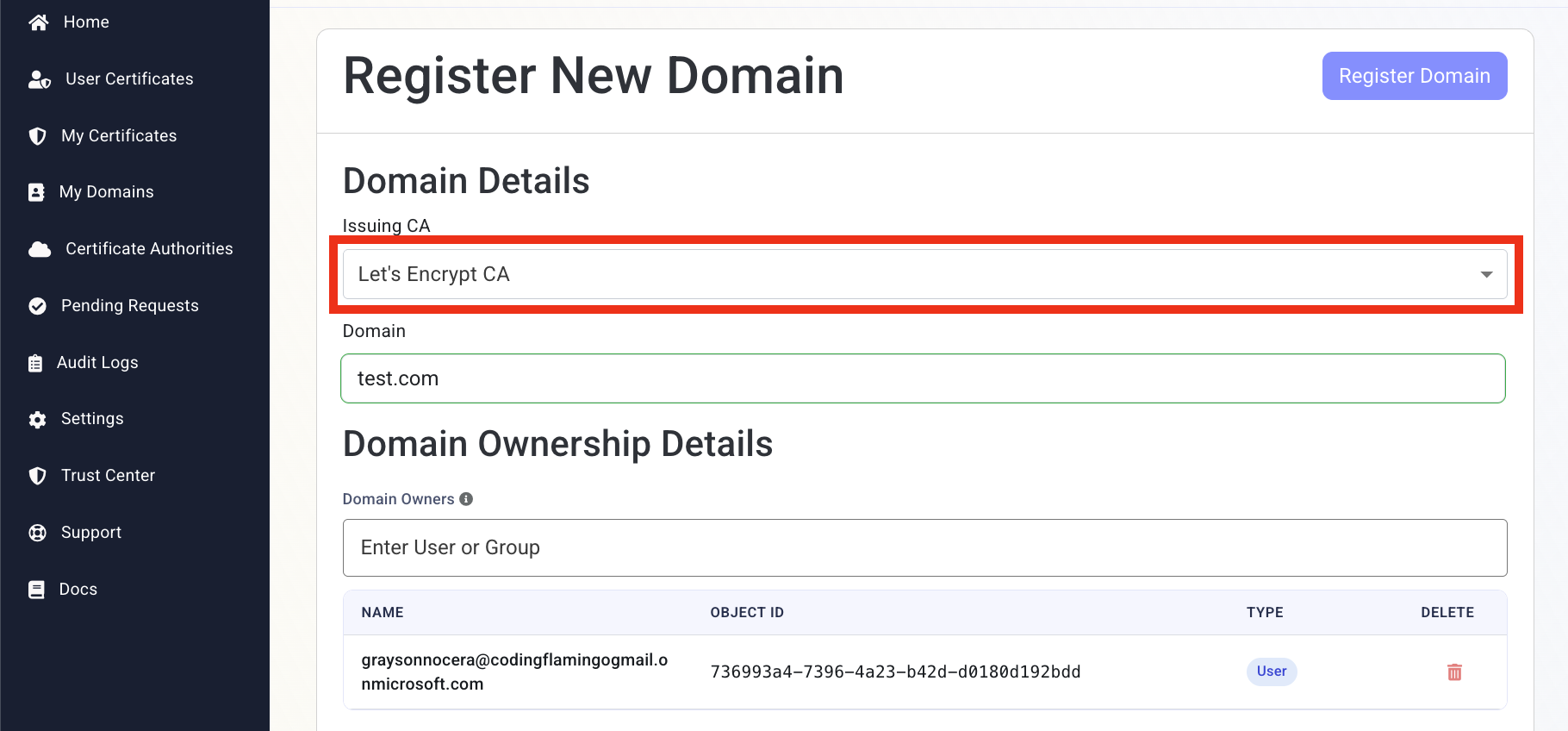 EZCA Cloud PKI Register New Domain form with Issuing CA dropdown highlighted for selection.