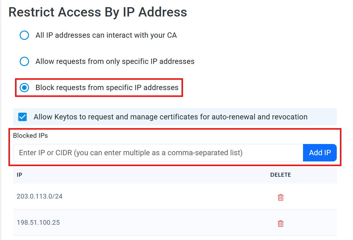 EZCA Cloud PKI Root CA IP block list with Block requests from specific IP addresses selected, Keytos auto-renewal and revocation enabled, and the Blocked IPs field and Add IP button highlighted