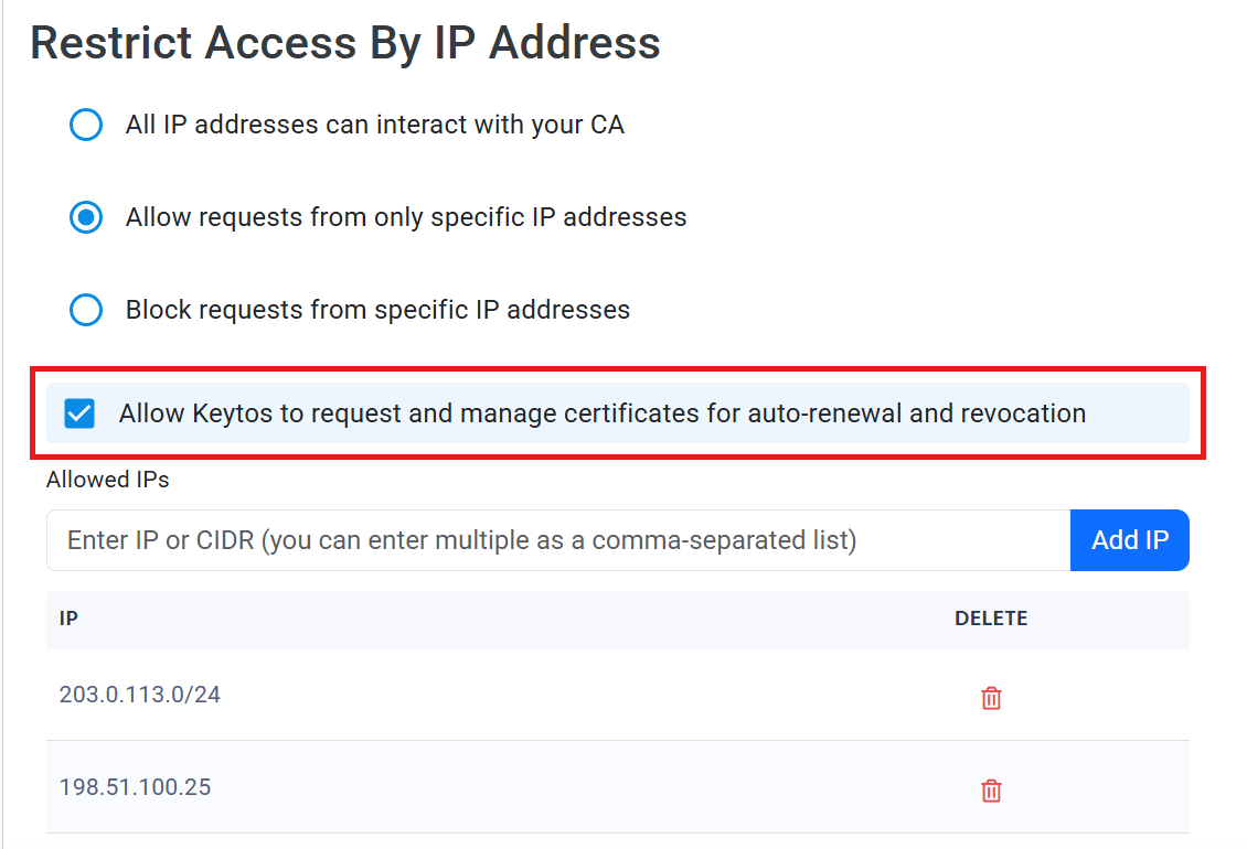 EZCA Cloud PKI Root CA IP restriction with the recommended Allow Keytos to request and manage certificates for auto-renewal and revocation checkbox checked and highlighted