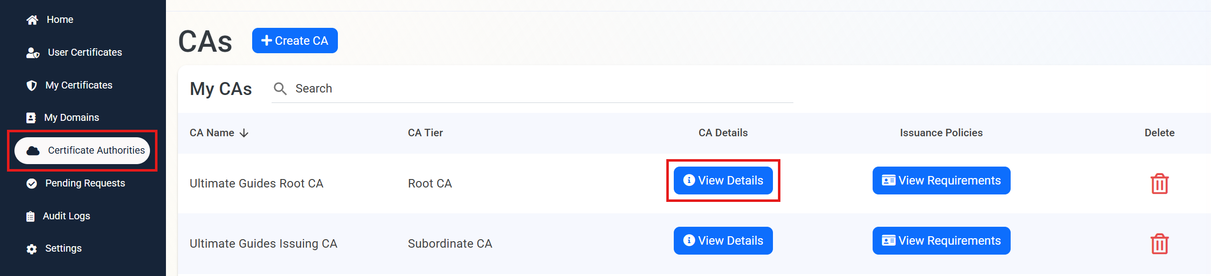 EZCA Cloud PKI portal Certificate Authorities page with View Details button highlighted to open the Root CA settings
