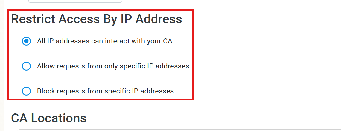 EZCA Cloud PKI CA details Restrict Access By IP Address section with options to allow all IP addresses, allow specific IP addresses, or block specific IP addresses