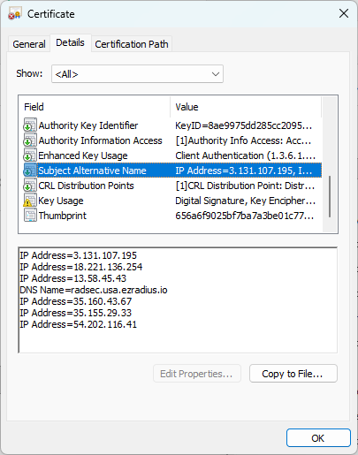 Windows Certificate viewer with Subject Alternative Name highlighted