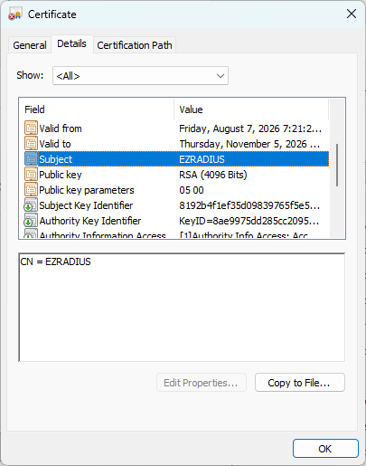 Windows Certificate viewer with Subject highlighted