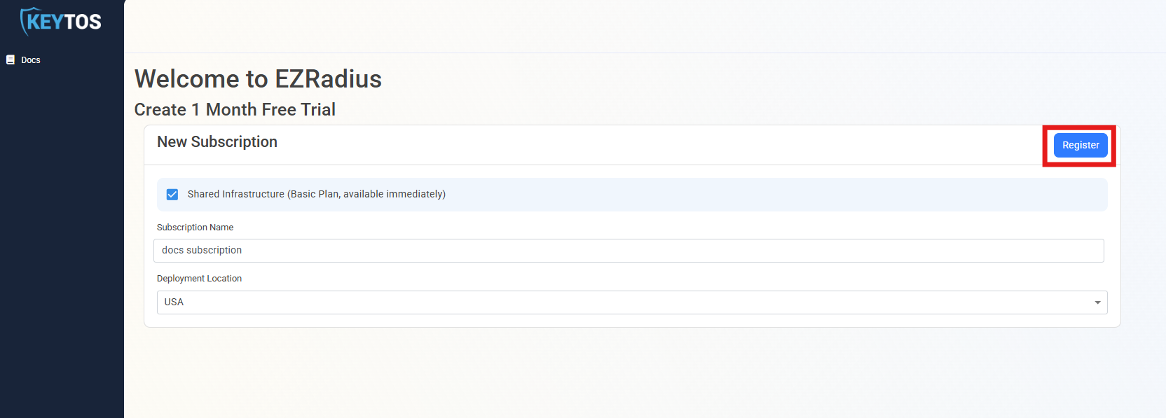 EZRADIUS Cloud RADIUS New Subscription form with Register button highlighted in the top right corner