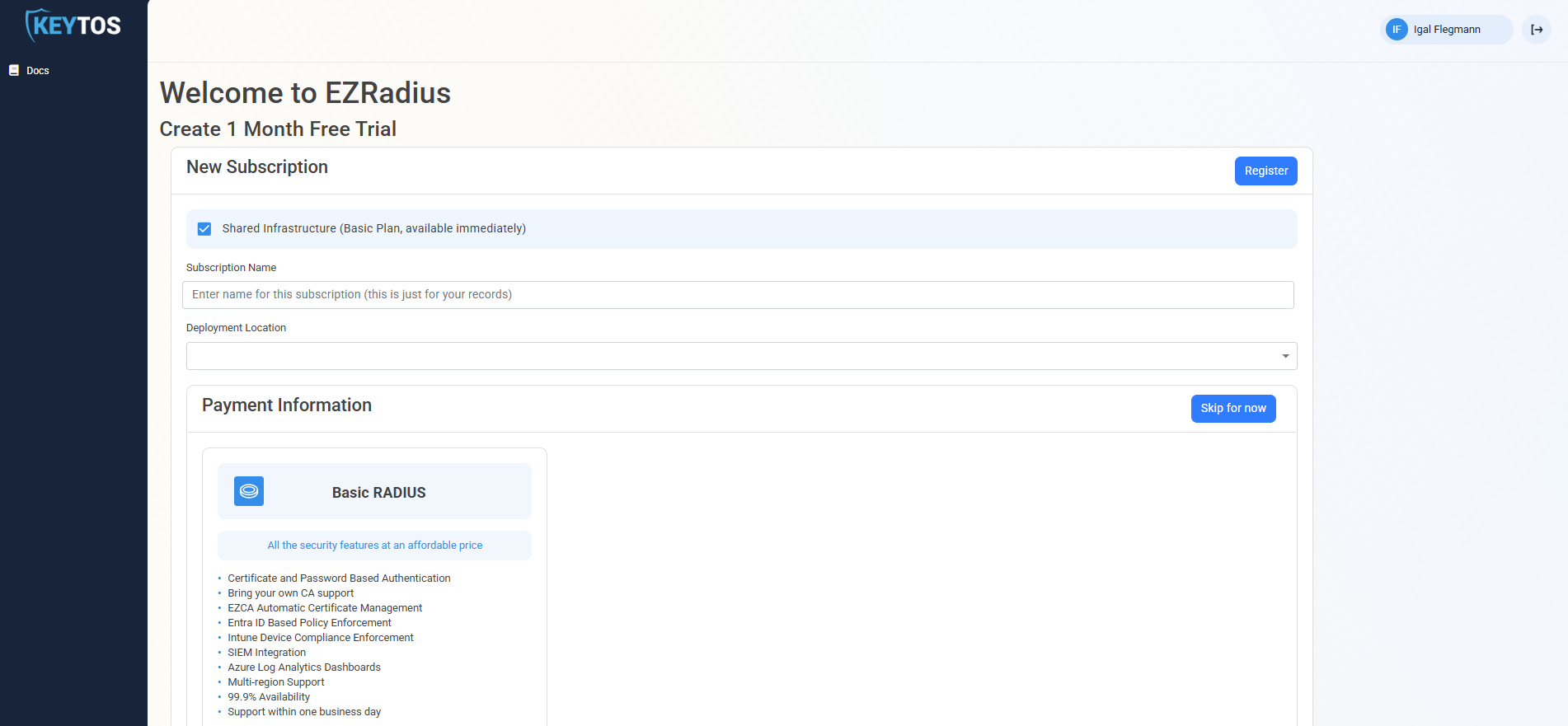 EZRADIUS Cloud RADIUS signup page showing New Subscription form with subscription name and deployment location fields