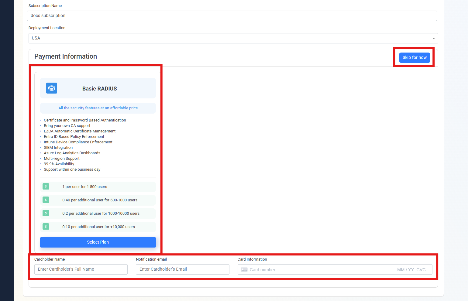 EZRADIUS Cloud RADIUS plan selection showing Basic RADIUS plan with pricing tiers and Skip for now button