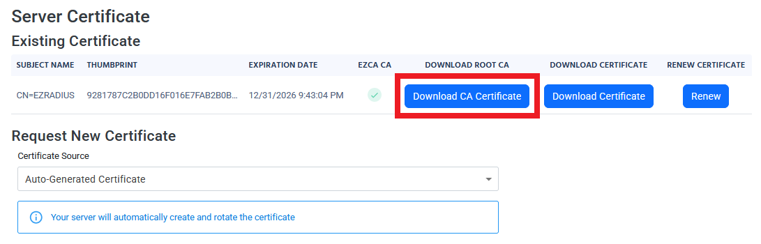 Download Root Certificate button highlighted in EZRADIUS