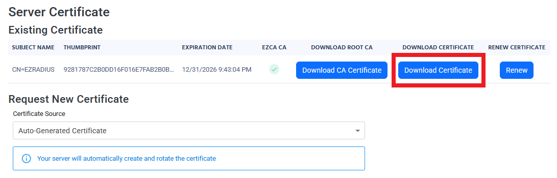 Download Server Certificate button highlighted in EZRADIUS