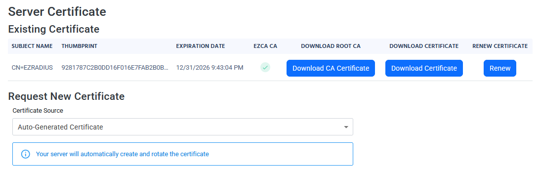 EZRADIUS policies page with server certificate section highlighted