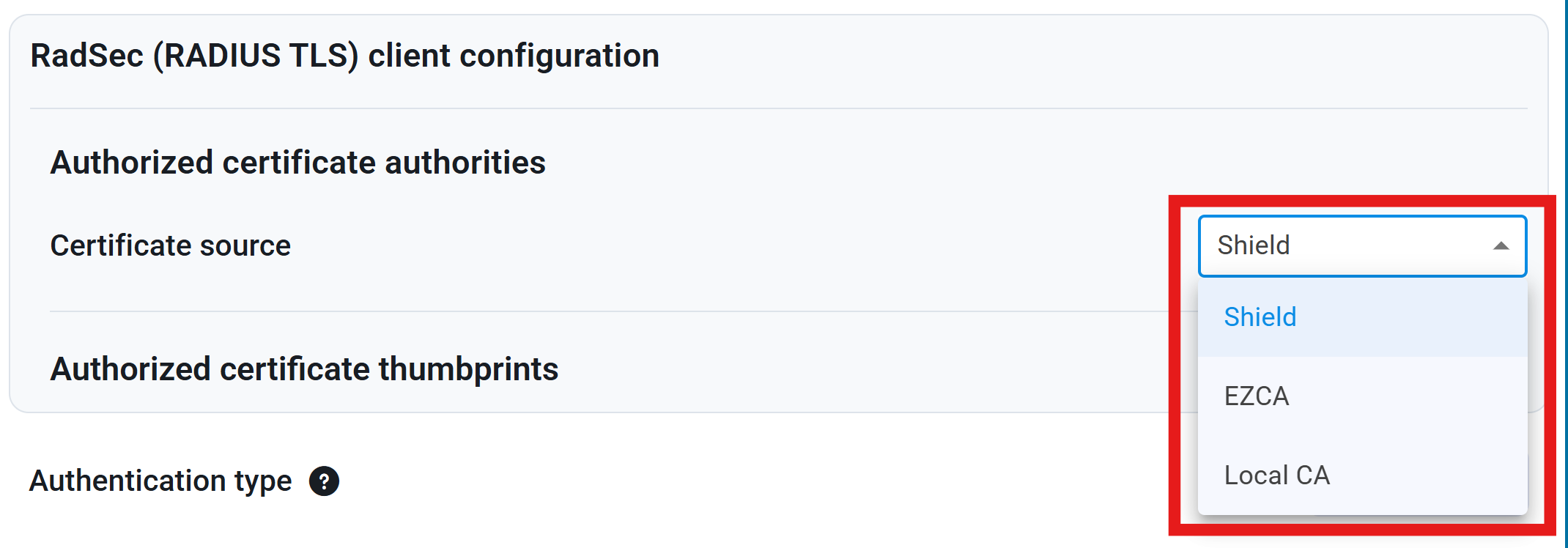 Select RadSec Trusted Certificate Authority