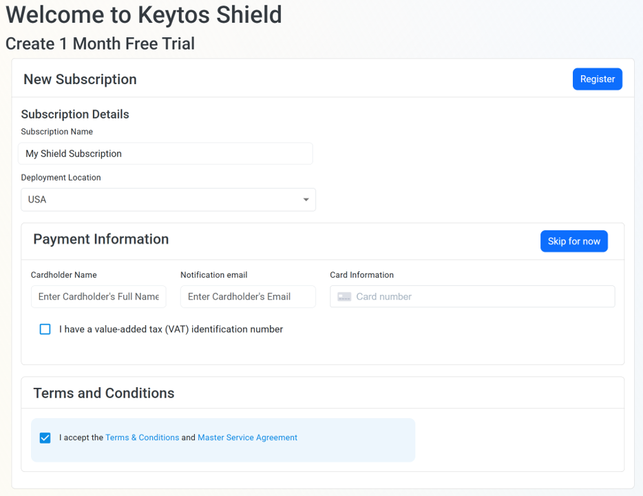 Get started with a Keytos Shield free trial subscription