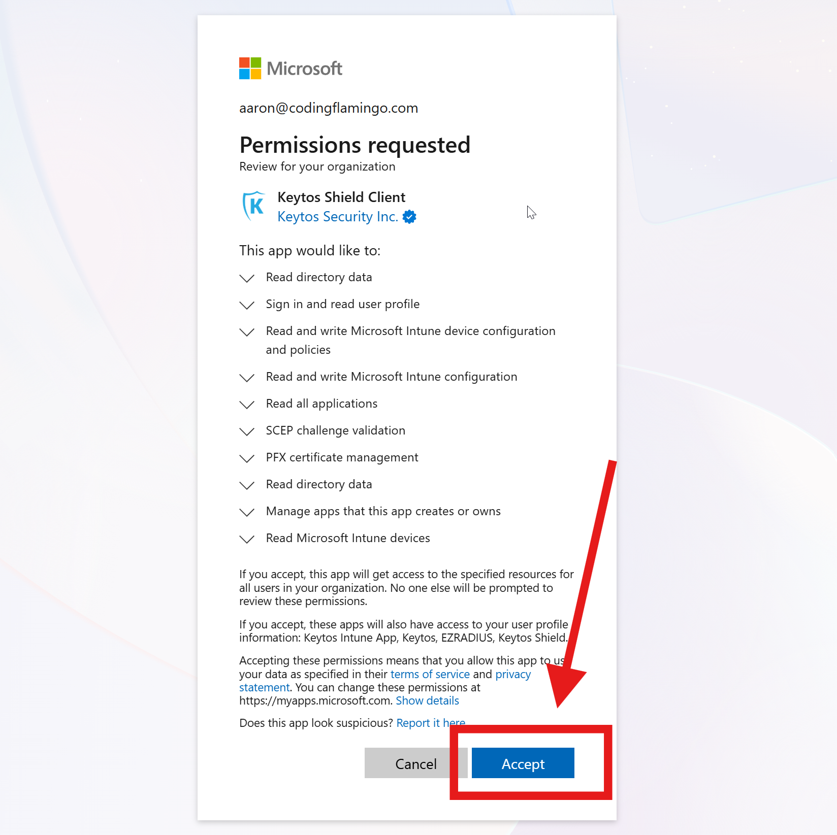 Keytos Shield uses native Entra ID authentication as shown in the admin consent screen