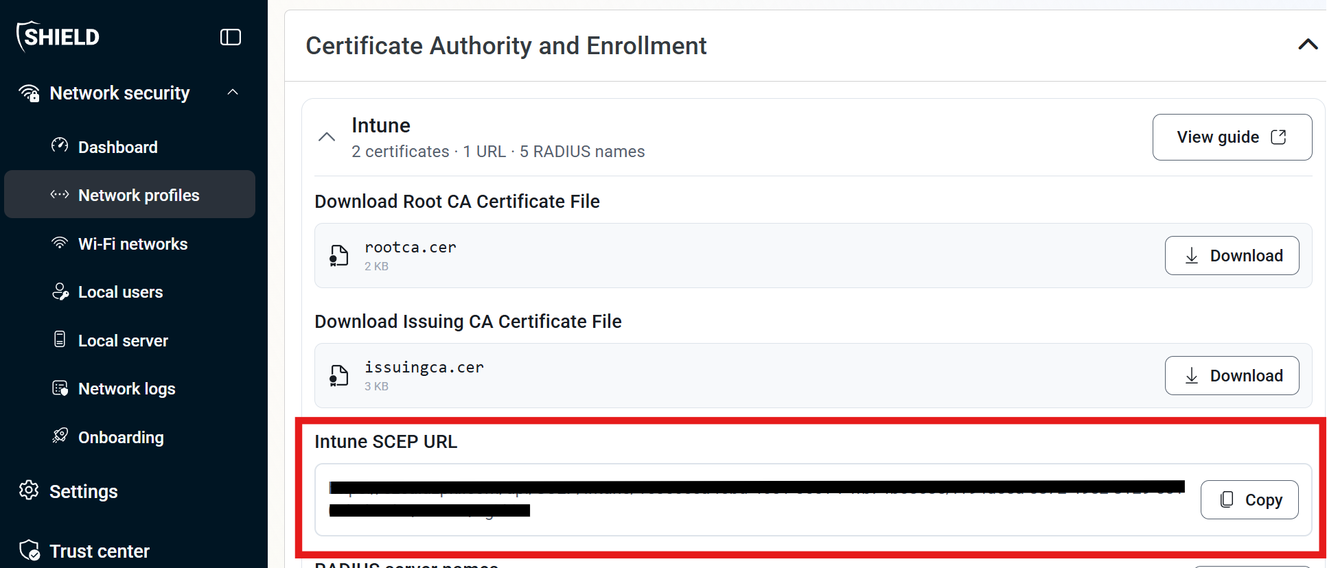 Get the Intune CA SCEP URL from Keytos Shield