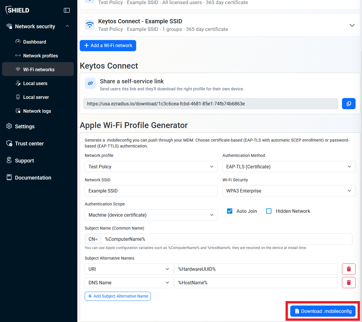 Keytos Shield Apple Wi-Fi Profile Generator page with Download .MobileConfig highlighted