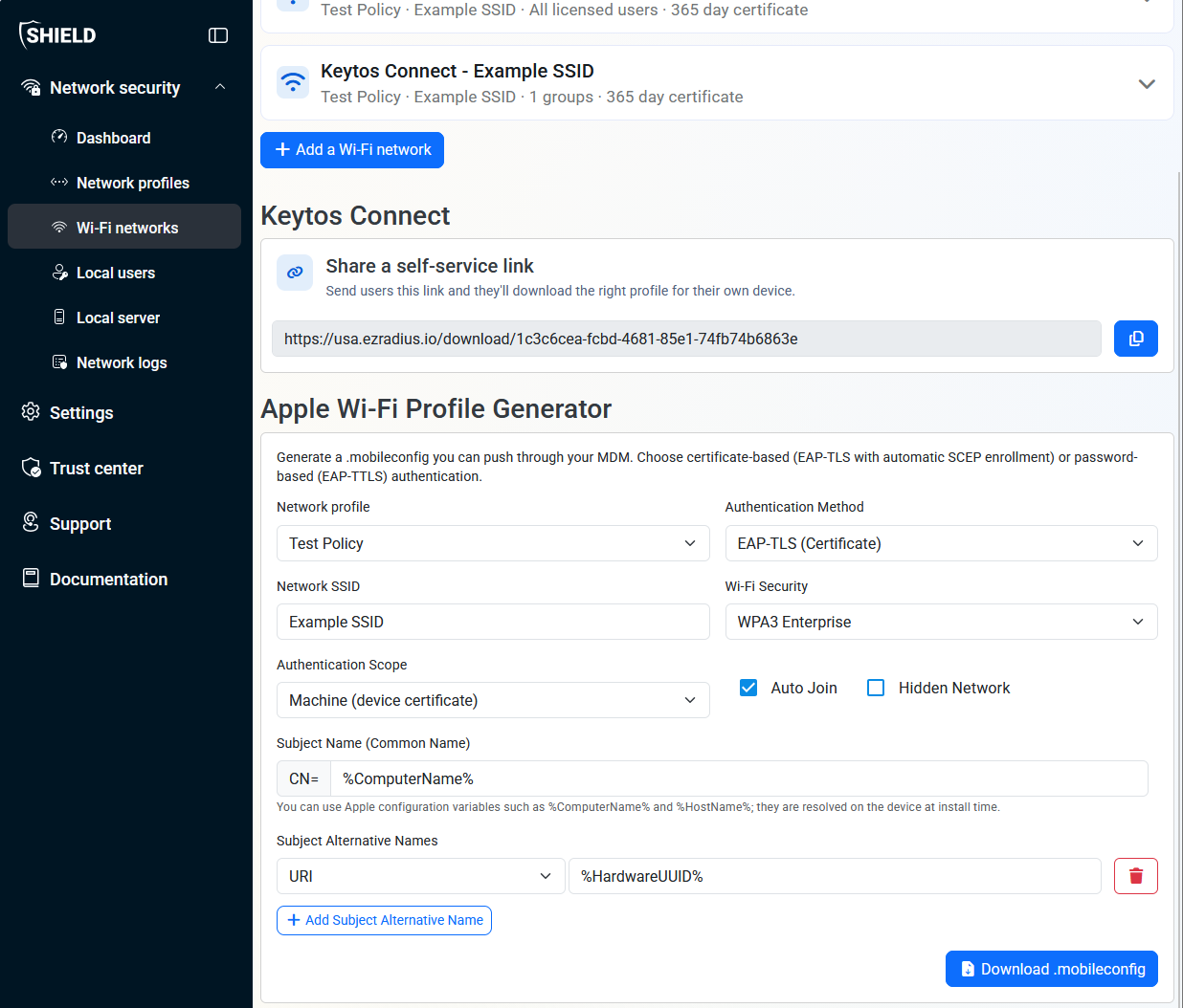 Keytos Shield Apple Wi-Fi Profile Generator page with Apple Wi-Fi profile generator section highlighted