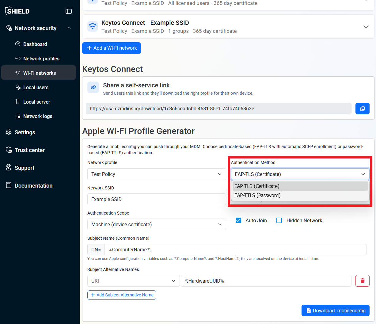 Keytos Shield Apple Wi-Fi Profile Generator page with Authentication Method section highlighted