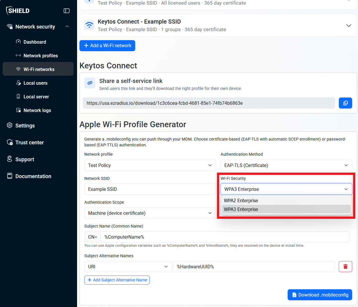 Keytos Shield Apple Wi-Fi Profile Generator page with Wi-Fi Security section highlighted