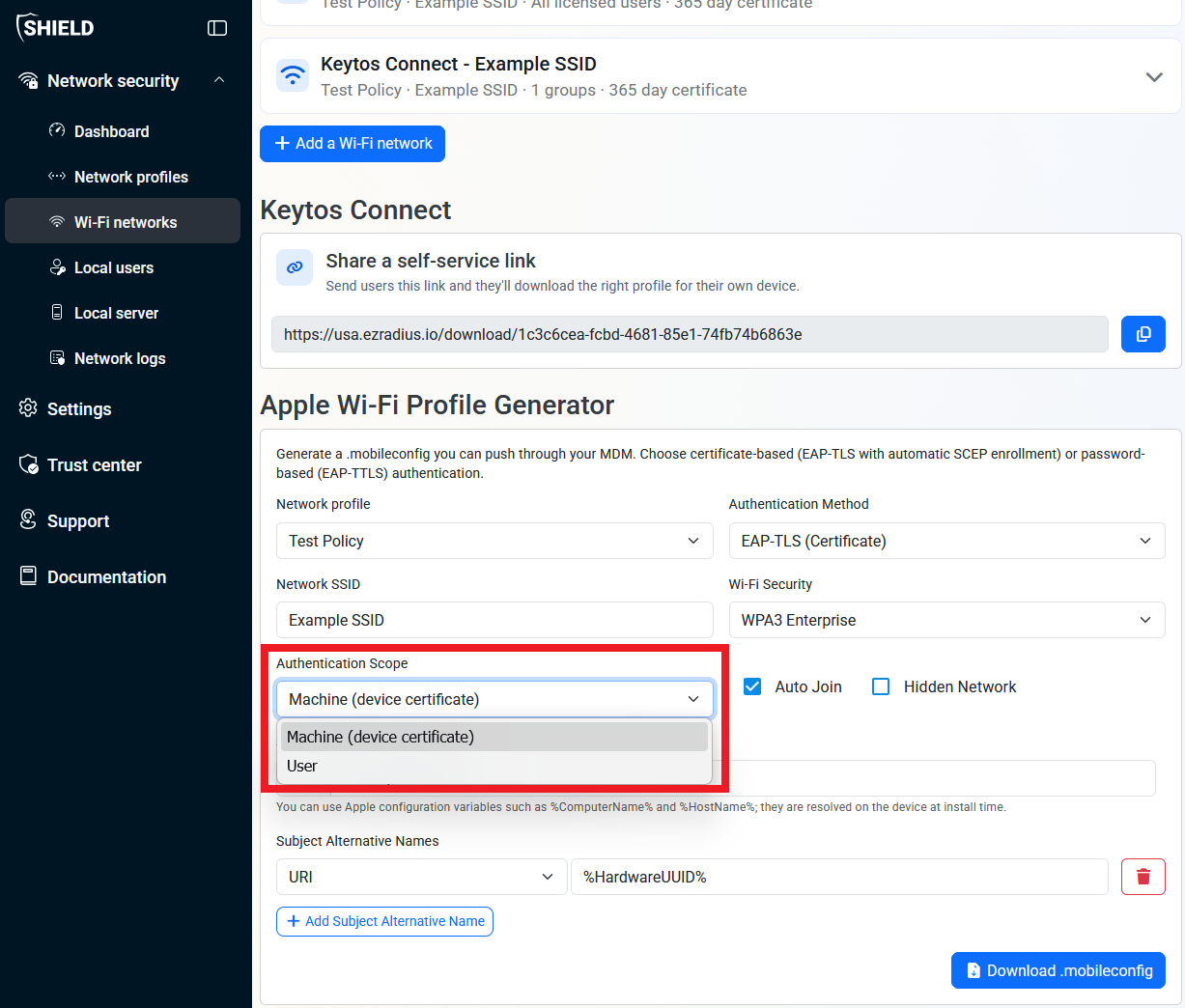 Keytos Shield Apple Wi-Fi Profile Generator page with Authentication Scope section highlighted