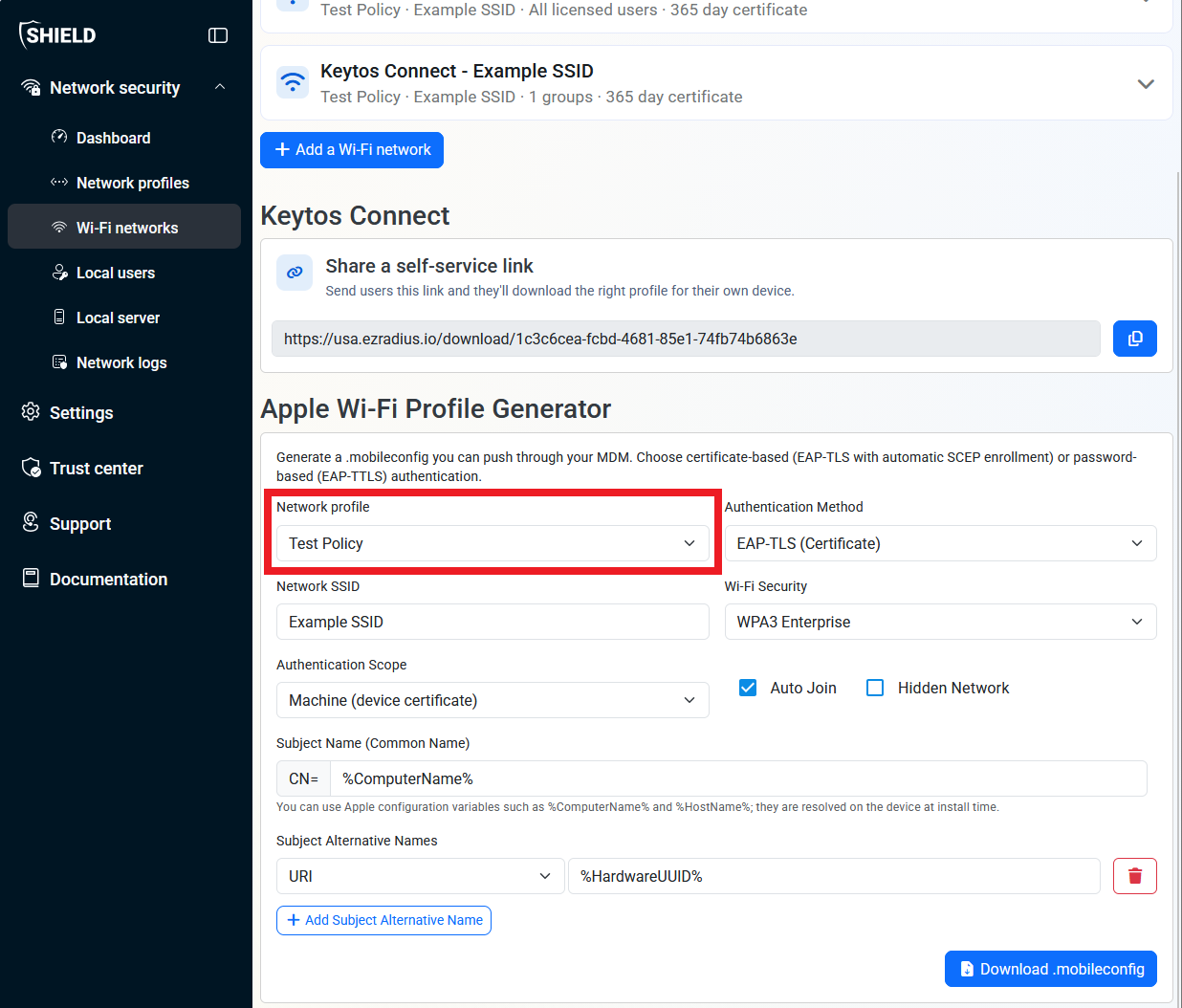 Keytos Shield Apple Wi-Fi Profile Generator page with select network profile section highlighted