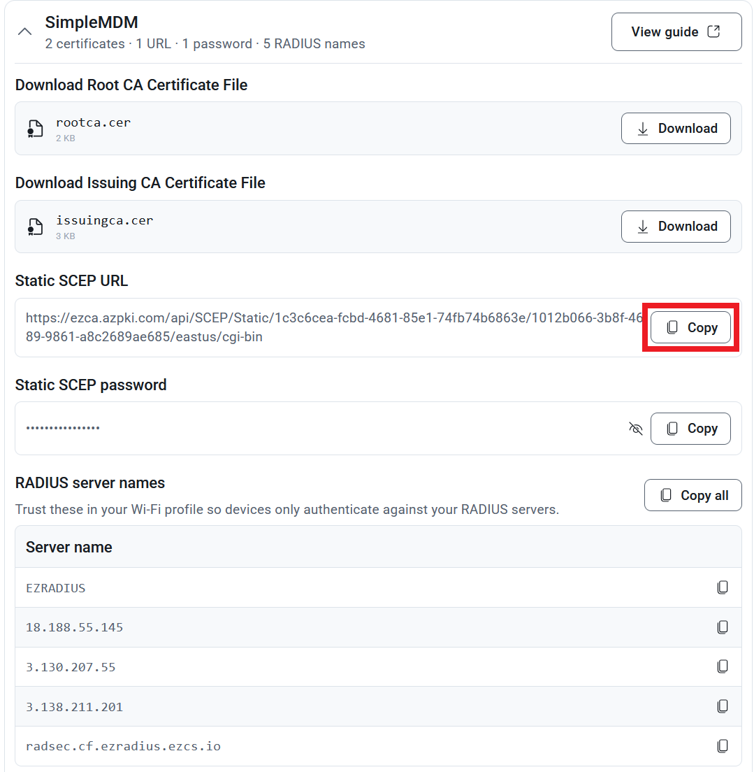 Keytos Shield Copy Static SCEP URL button highlighted