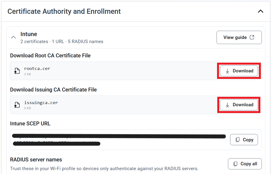 Keytos Shield Download Root CA and Issuing CA Certificate File button highlighted
