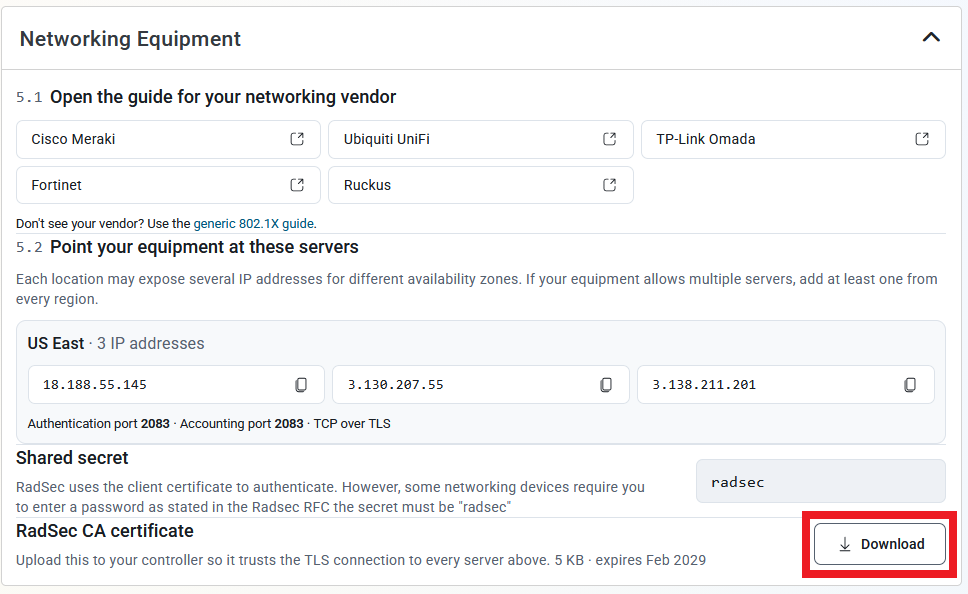 Keytos Shield Onboarding Page with Download RadSec CA certificate highlighted