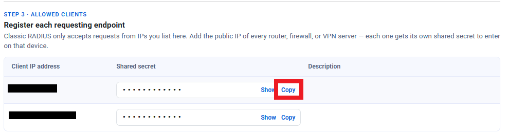 Keytos Shield Network Policies with the Classic RADIUS Shared secret highlighted