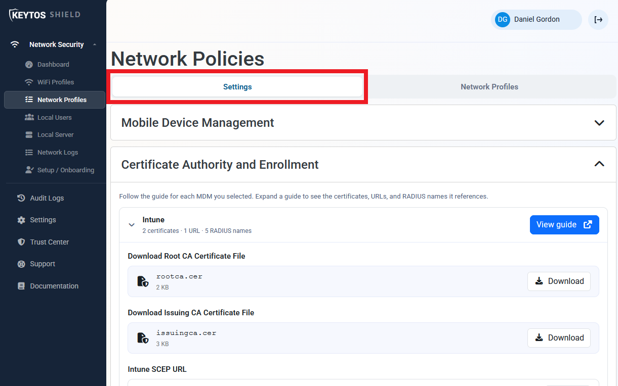 Keytos Shield Network Policies with the Settings tab highlighted