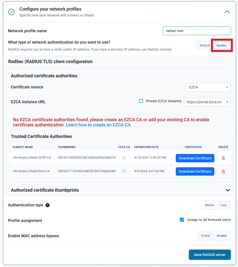 Keytos Shield Onboarding page with RadSec network authentication option highlighted