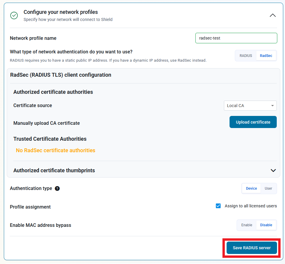 Keytos Shield Onboarding page with Save RADIUS Server button highlighted.