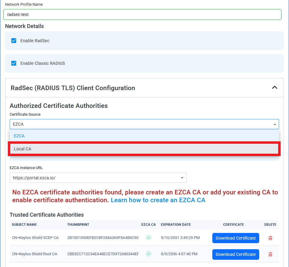 Keytos Shield RadSec (RADIUS TLS) Client Configuration section with Certificate Source set to Local CA