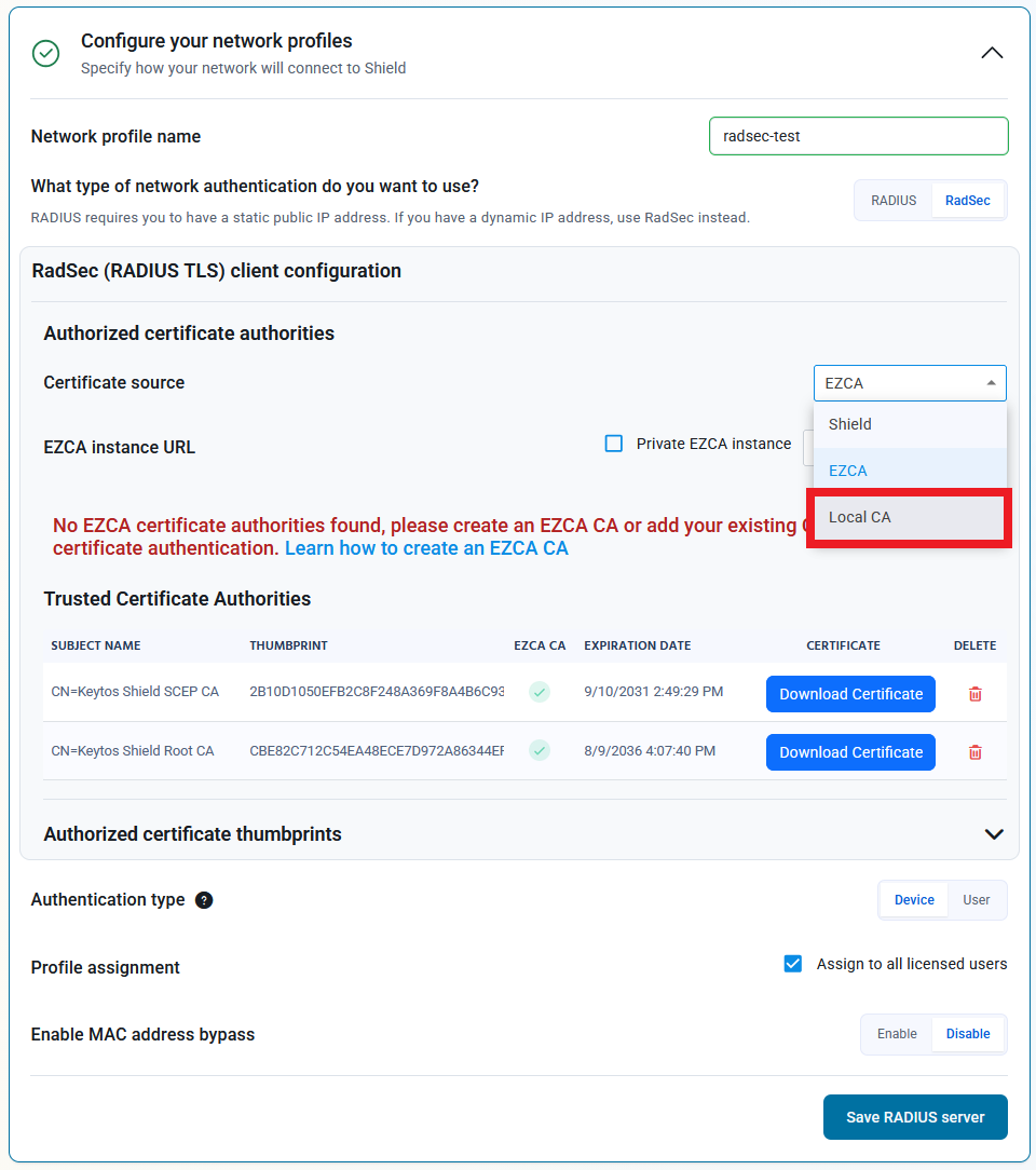 Keytos Shield Onboarding page with Local CA certificate source highlighted.