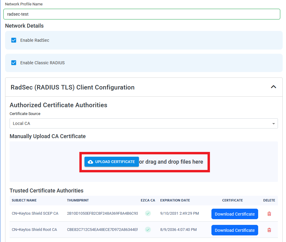 Keytos Shield RadSec (RADIUS TLS) Client Configuration section with Upload Certificate button highlighted