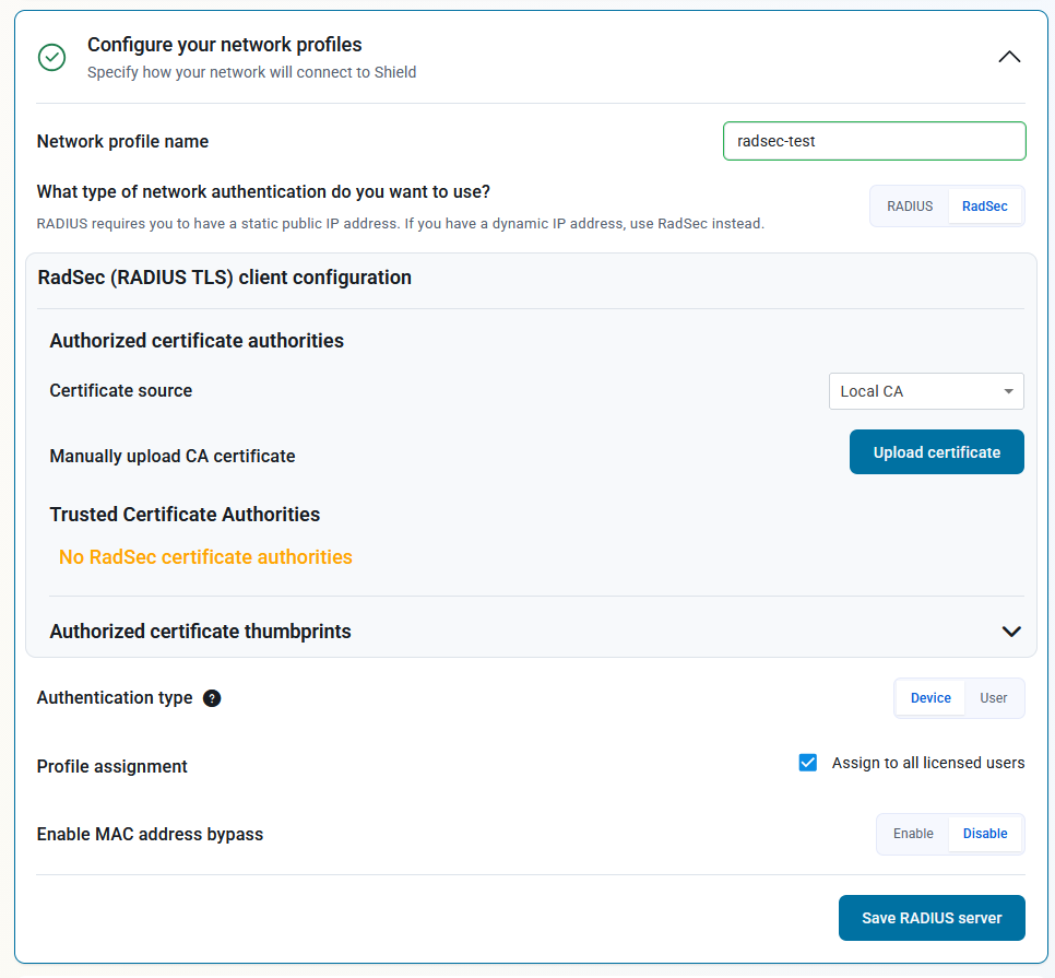 Keytos Shield Onboarding page with Upload certificate button highlighted.