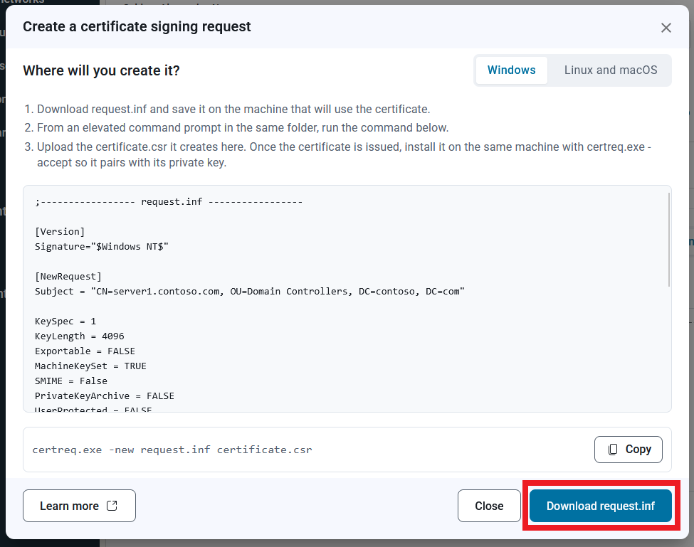 Keytos Shield create a new CSR for Windows with download request.inf button highlighted