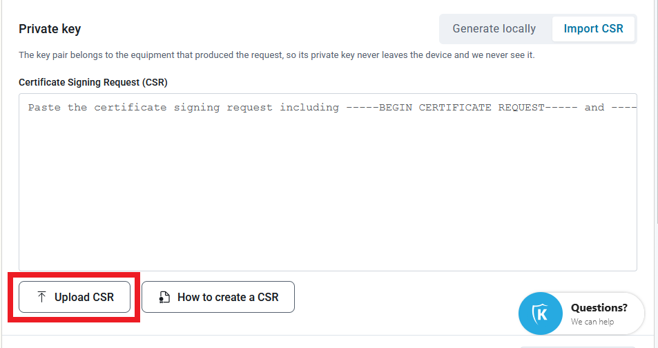 Keytos Shield create custom certificate page with upload CSR button highlighted