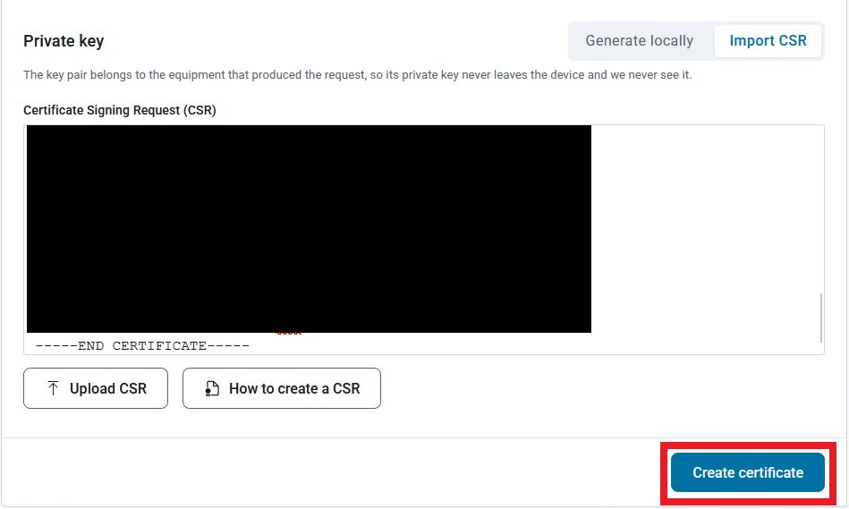 Keytos Shield create custom certificate page with create certificate button highlighted