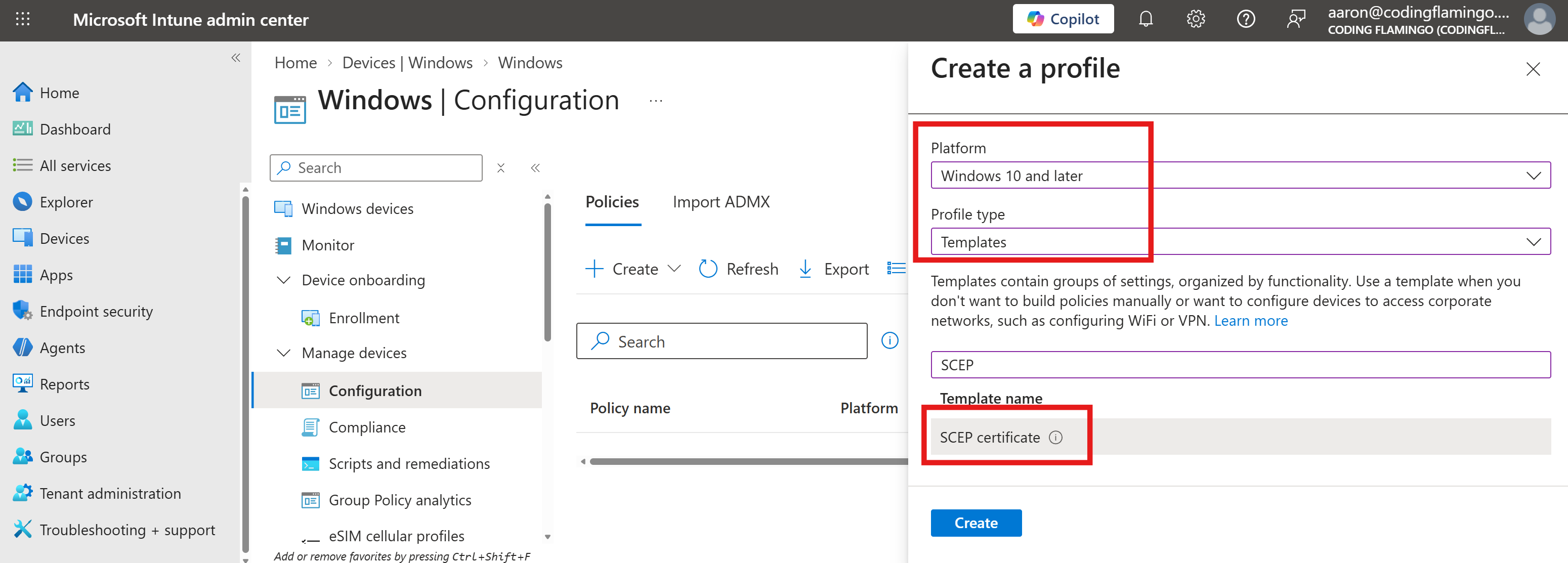 Intune Create Windows SCEP Certificate Profile - Select Template